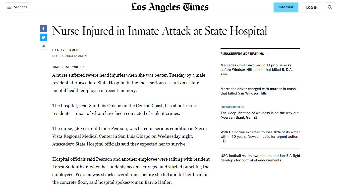 Nurse Injured in Inmate Attack at State Hospital - Los ...